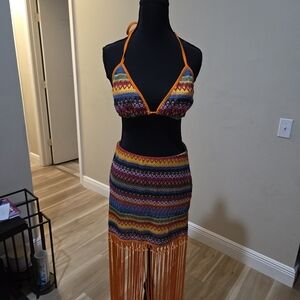 Colorful Crochet Halter Top and Skirt Set